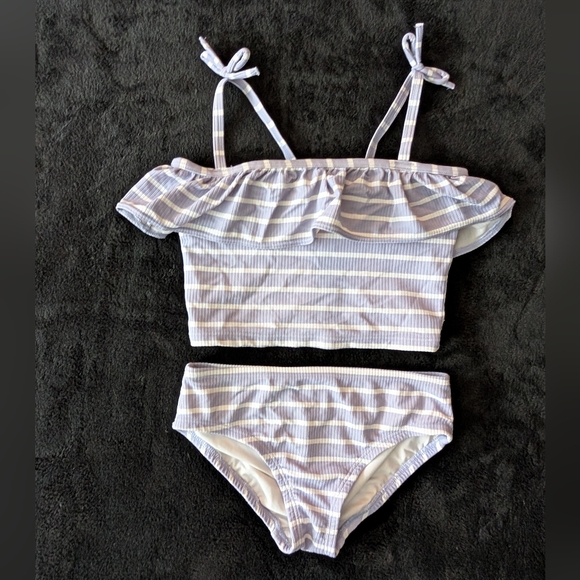 Hanna Andersson Other - Hanna Andersson Girls Ruffle Lavender Purple Stripe 2 Piece Swim Bathing Suit